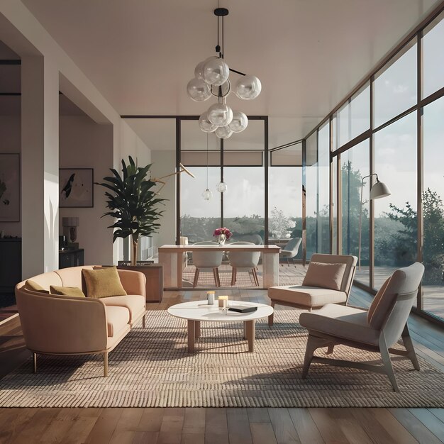 a living room with a couch chairs and a table with a view of the city