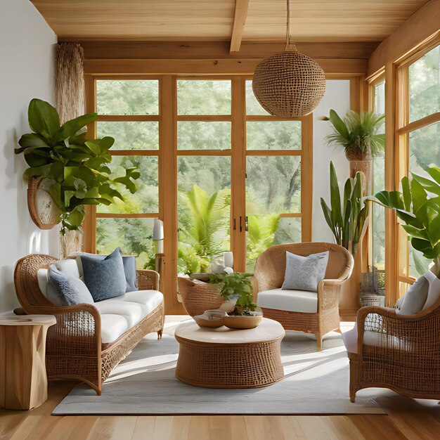 窓際に植物があるソファー椅子とウィンドウの部屋