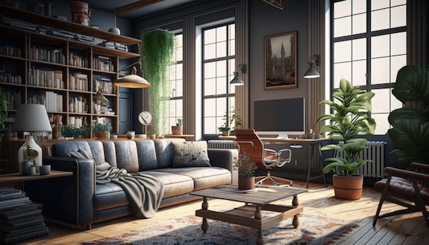 A living room with a couch, a coffee table, and a bookcase with a plant on it.