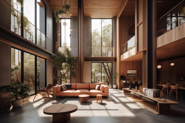 A living room with a couch and a coffee table in front of a large window.