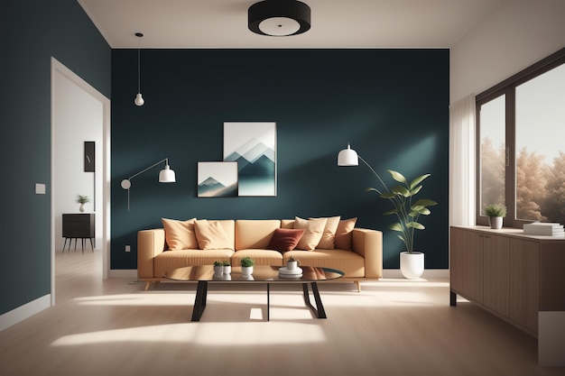 A living room with a couch and a coffee table in front of a wall that says'living room '