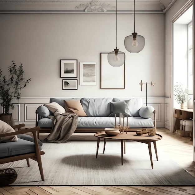 A living room with a couch and a coffee table in front of a window.