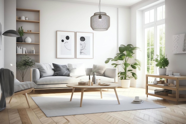 A living room with a couch, a coffee table, a lamp, and a plant on the wall.