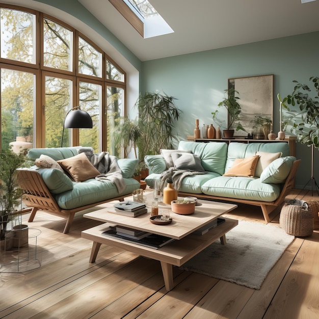 a living room with a couch coffee table and a lamp