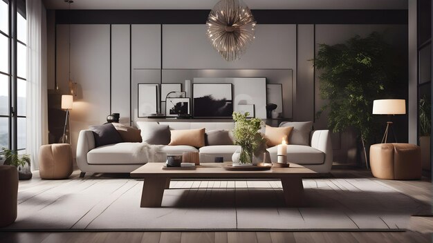 a living room with a couch, coffee table, and a large mirror.