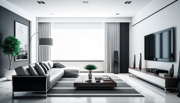 A living room with a couch, a coffee table, and a large window.