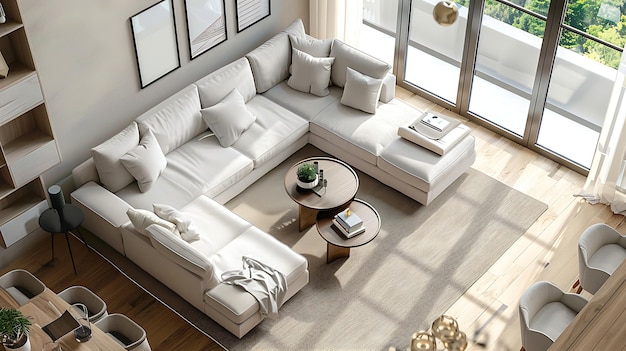 Foto un soggiorno con un divano, un tavolo da caffè e una grande finestra