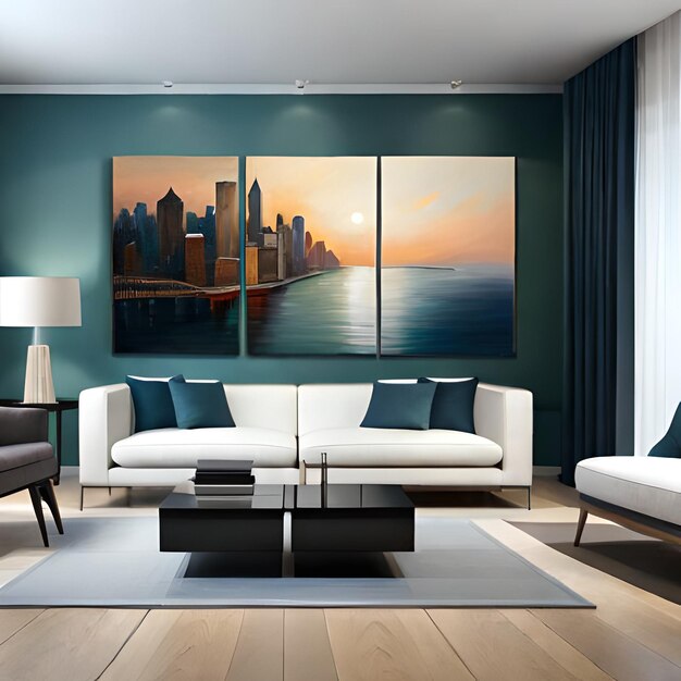 A living room with a couch, a coffee table, and a painting of a city.