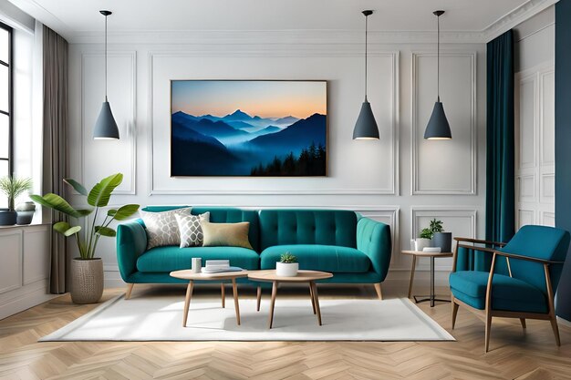 A living room with a couch, coffee table, and a painting on the wall.