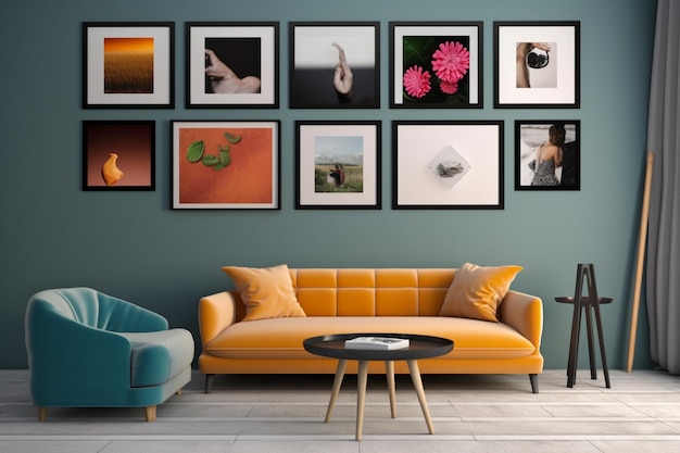 A living room with a couch, a coffee table, and a picture frame that says'love is in the corner '