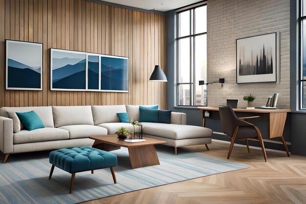 A living room with a couch, coffee table, and a picture of a mountain.