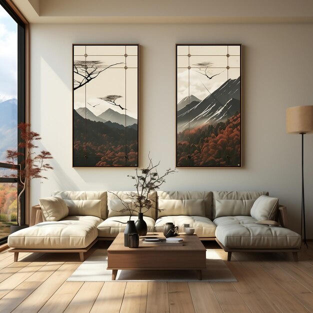 A living room with a couch, coffee table, and a picture of mountains in the background.