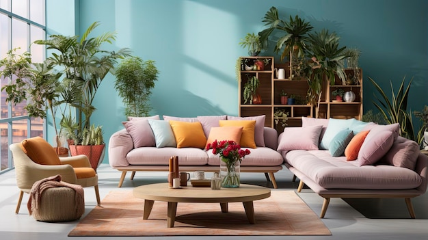 a living room with a couch, a coffee table, and a plant on the table.