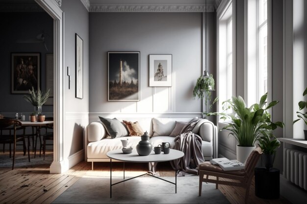 A living room with a couch, a coffee table, and a plant on the wall.