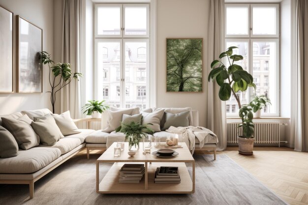 A living room with a couch, coffee table, and plants.