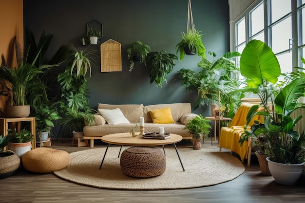 Гостиная с диваном, журнальным столиком и растениями в горшках Генеративный ИИ