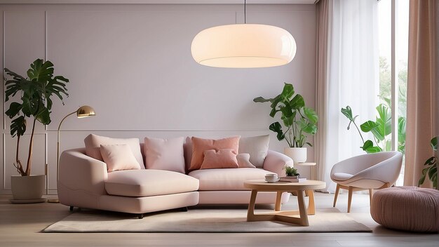 A living room with a couch coffee table rug plants and two hanging lights