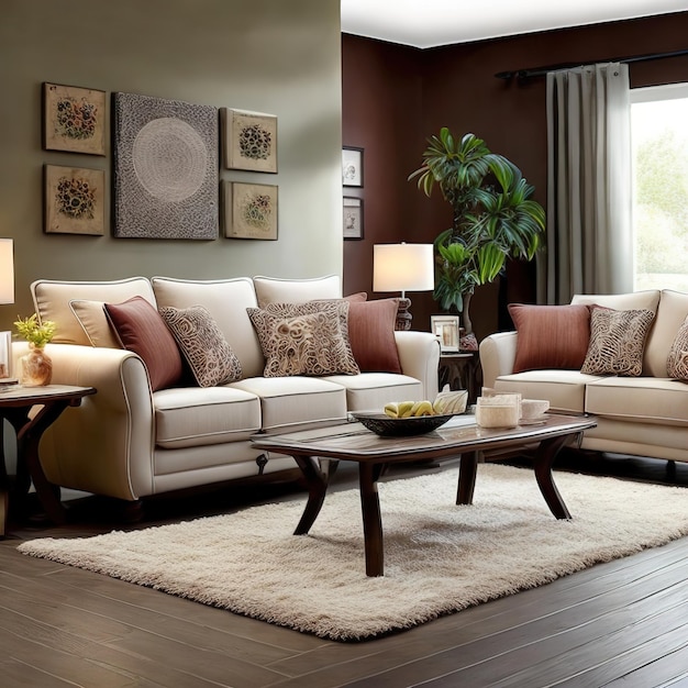 A living room with a couch coffee table and two lamps on the wall