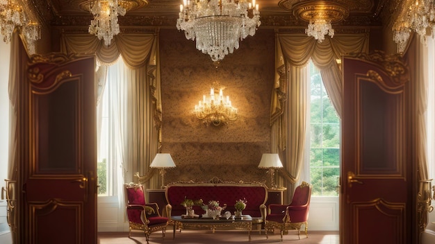 A living room with a couch and a coffee table with chandeliers hanging from the ceiling.