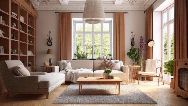 A living room with a couch and a coffee table with a guitar on the wall.