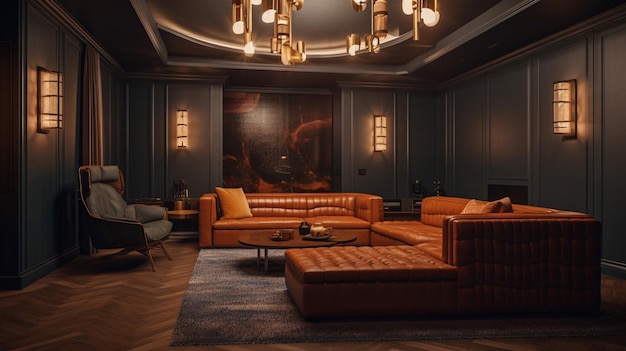 A living room with a couch and a coffee table with a lamp hanging from the ceiling.