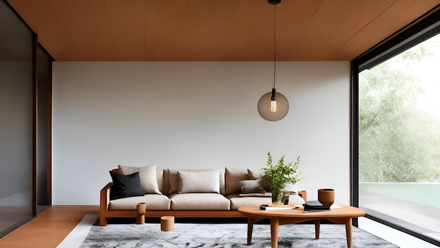 A living room with a couch and a coffee table with a lamp hanging from it.