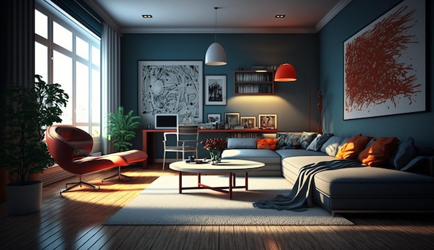 A living room with a couch and a coffee table with a lamp on it.