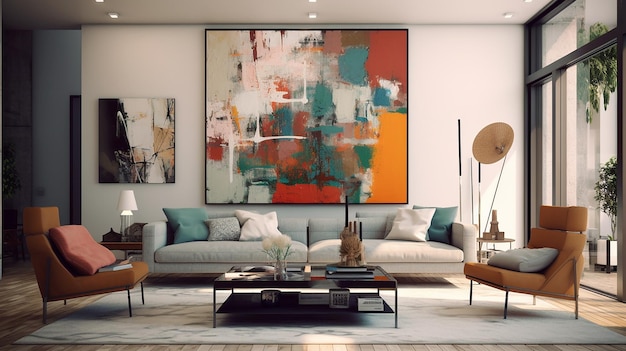 A living room with a couch and a coffee table with a painting on the wall.