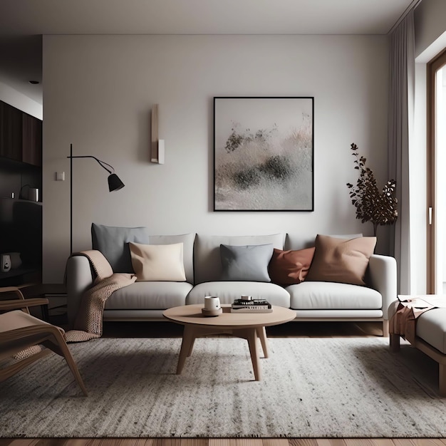 A living room with a couch and a coffee table with a painting on the wall.