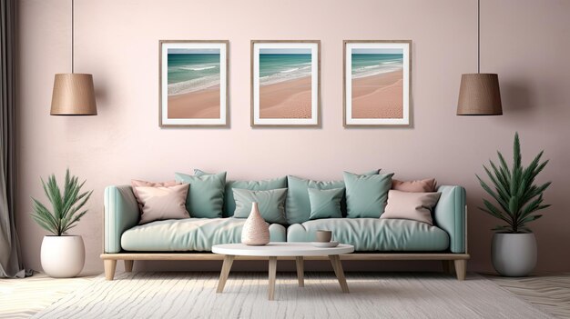 A living room with a couch and a coffee table with a picture of a beach.