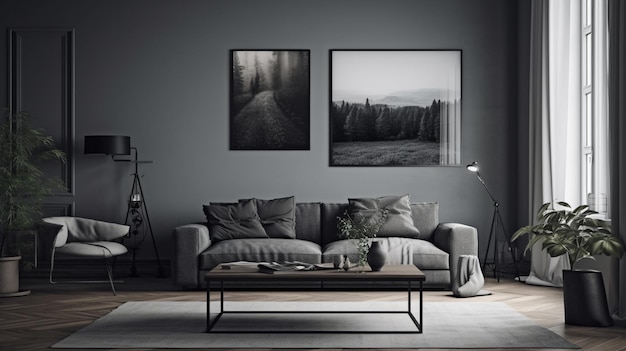 A living room with a couch and a coffee table with a picture of a forest on it.