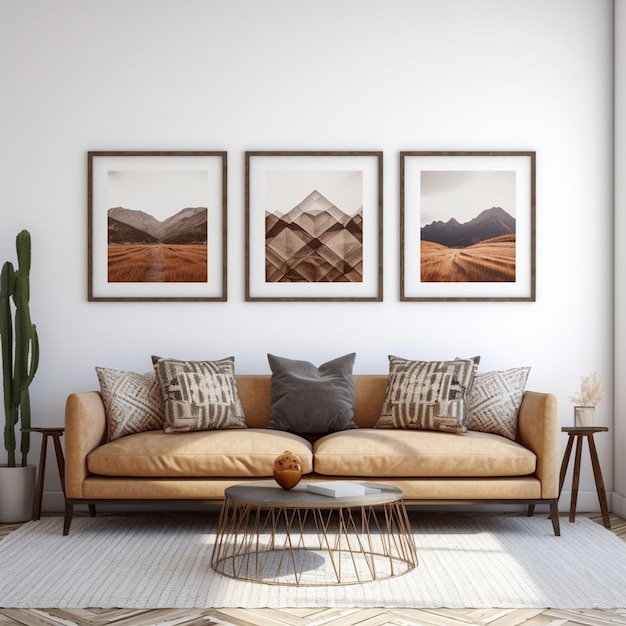 A living room with a couch and a coffee table with a picture on the wall.