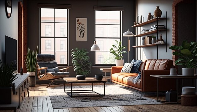 A living room with a couch and a coffee table with a plant on it.