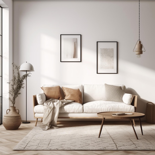 A living room with a couch and a coffee table with a plant on it