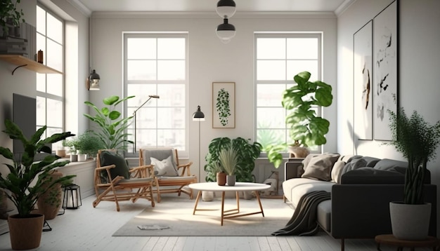 A living room with a couch and a coffee table with a plant on the wall.