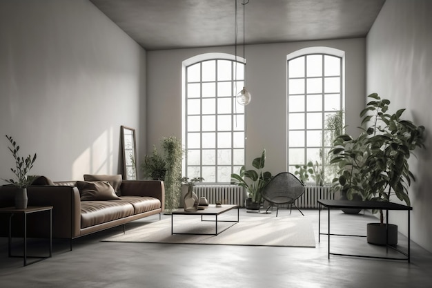 A living room with a couch and a coffee table with plants on it.