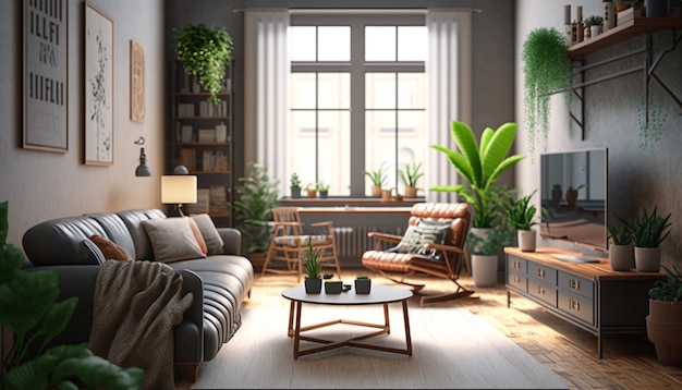 A living room with a couch and a coffee table with plants on the windowsill.