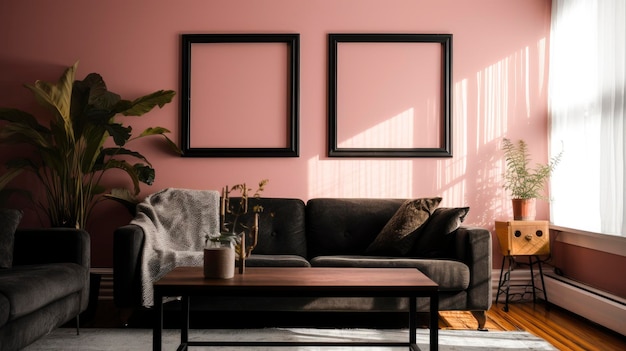 A living room with a couch and a coffee table with two frames on it.