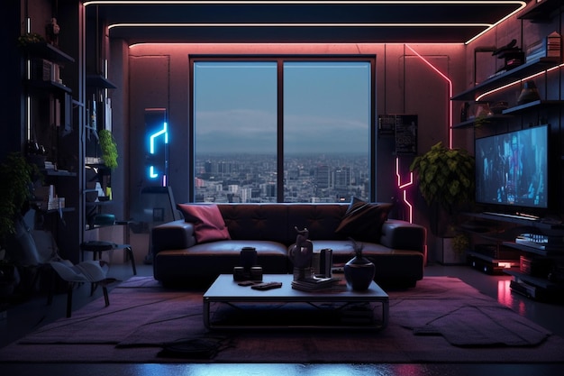 A living room with a couch and a coffee table with a window that says'neon'on it