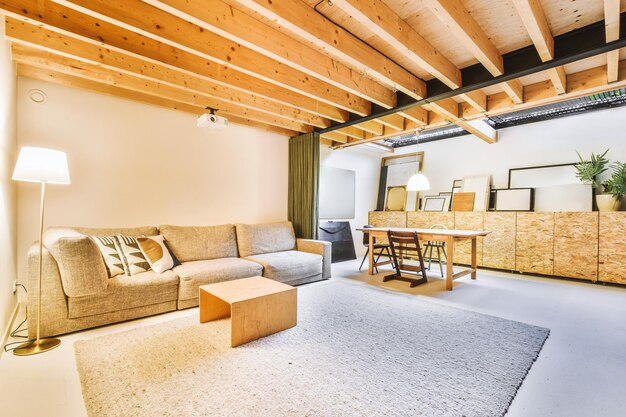 A living room with a couch and a coffee table