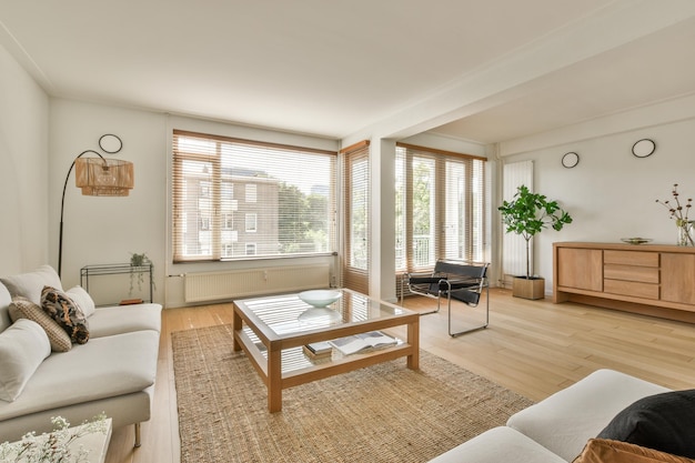 A living room with a couch and a coffee table