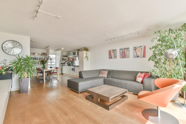 A living room with a couch and a coffee table