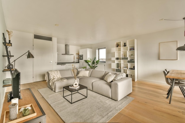 A living room with a couch and a coffee table