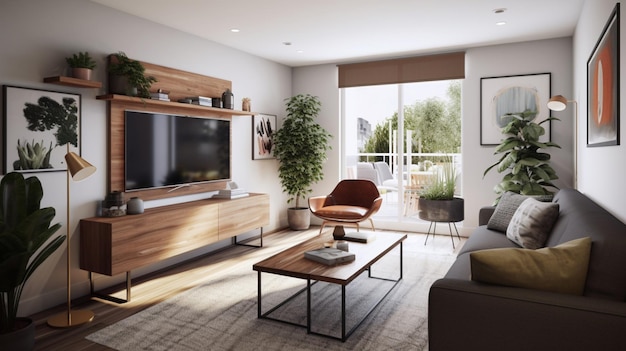 A living room with a couch and a coffee table