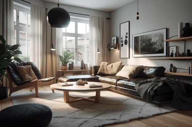 A living room with a couch and a coffee table