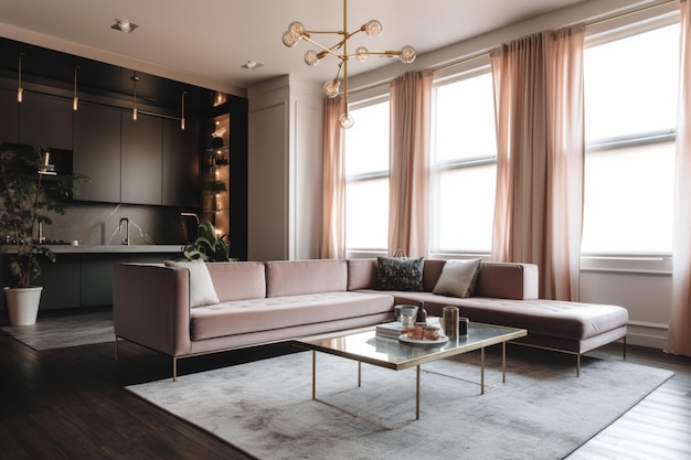 A living room with a couch and a coffee table