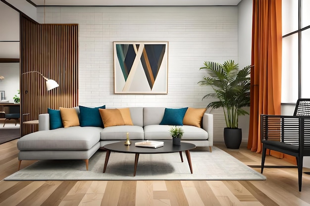 A living room with a couch and a coffee table.