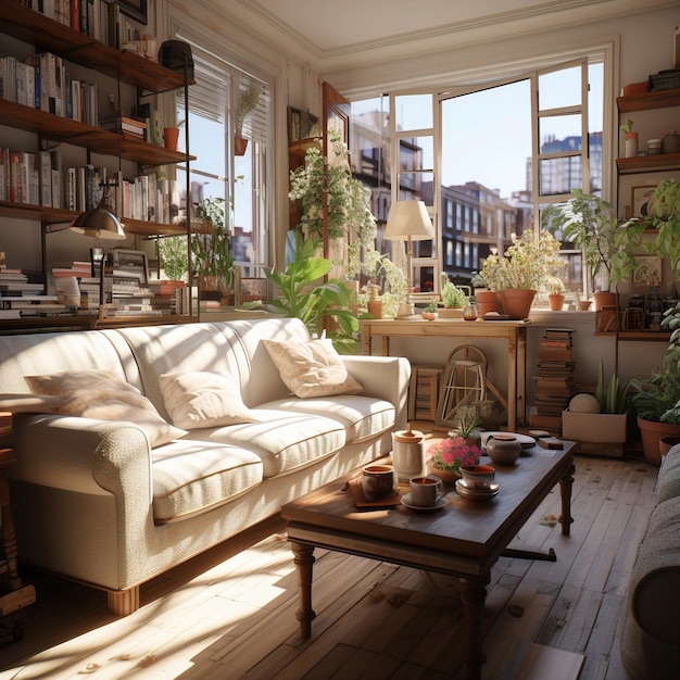 a living room with a couch and a coffee table.