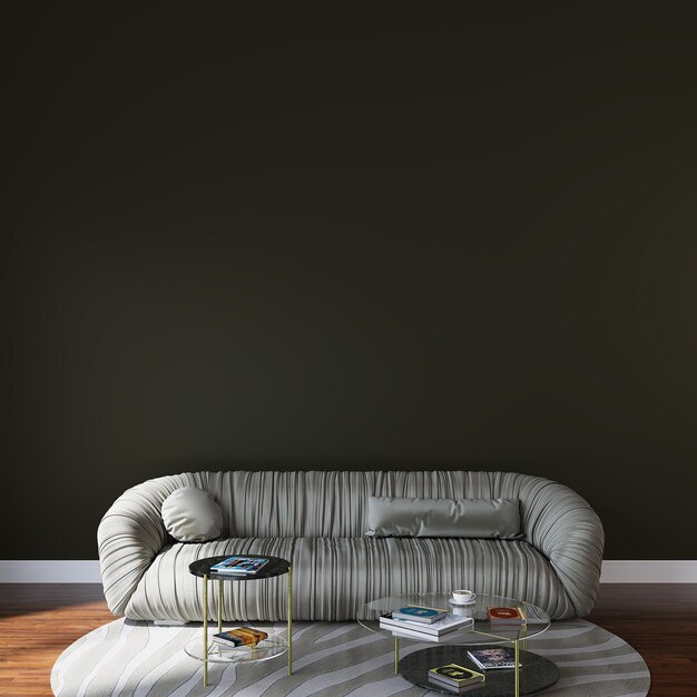 Photo a living room with a couch and coffee tables with a striped rug on the floor