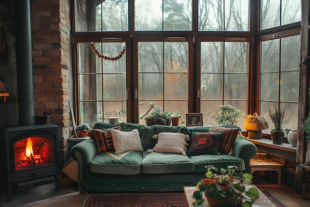 A living room with a couch and a fire place in